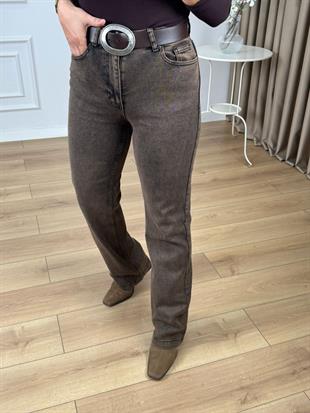 Antik Kahve Yüksek Bel Dikişli Paça Relax Likralı  Kot Pantolon 7026