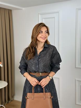 Antrasit Batik Desenli Organik kumaş Astarlı Gömlek Etek Takım 5018