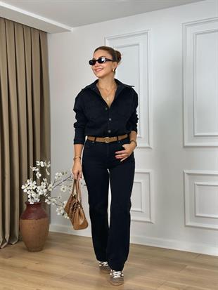 Antrasit Beli Büzgülü Düğmeli Kot Tulum 3037