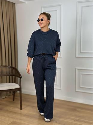 Antrasit Bisiklet Yaka Taşlı Modal Kumaş Takım 26116