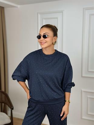 Antrasit Bisiklet Yaka Taşlı Modal Kumaş Takım 26116