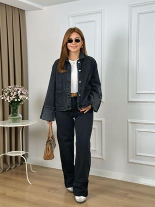 Antrasit Düğmeli Kolu Katlamalı Kot Ceket 6124