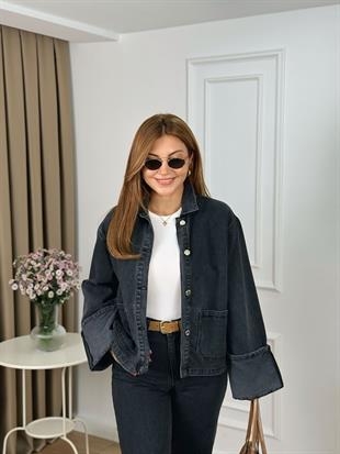 Antrasit Düğmeli Kolu Katlamalı Kot Ceket 6124