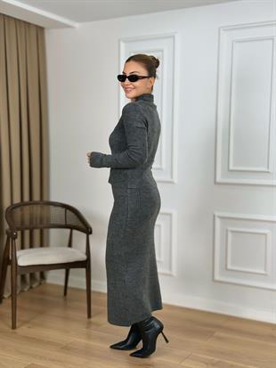 Antrasit Fermuarlı Triko Hırka Etek Takım 5421