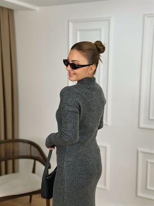 Antrasit Fermuarlı Triko Hırka Etek Takım 5421