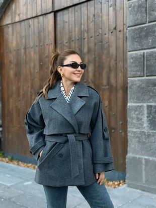 Antrasit Kruvaze Yaka Cepli Kuşaklı Premium Kalite Astarlı Kaban 6136