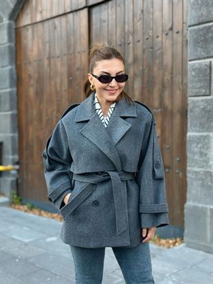 Antrasit Kruvaze Yaka Cepli Kuşaklı Premium Kalite Astarlı Kaban 6136