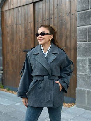 Antrasit Kruvaze Yaka Cepli Kuşaklı Premium Kalite Astarlı Kaban 6136