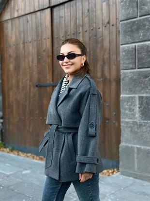 Antrasit Kruvaze Yaka Cepli Kuşaklı Premium Kalite Astarlı Kaban 6136