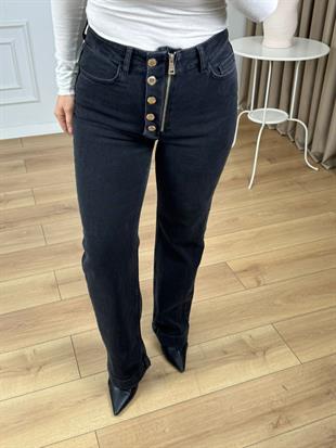 Antrasit Yüksek Bel Düğme Detaylı Fermuarlı Likralı Denim Kumaş Boru Paça Kot Pantolon 7170