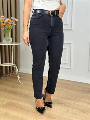Antrasit Yüksek Bel Likralı Toparlayıcı Paçası Kesik Fit Mom Jean 764