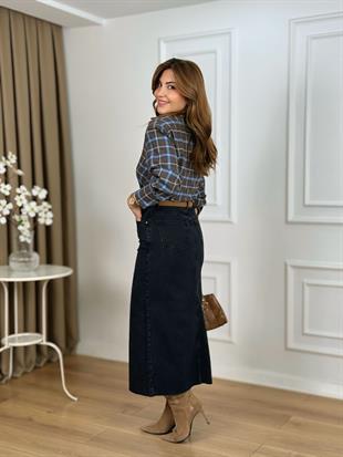 Antrasit Yüksek Bel Önden Yırtmaçlı Uzun Kot Etek 1022