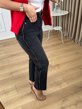 Antrasit Yüksek Bel Yanı Ve Arka Cebi Şerit Fermuar Detaylı Jean Pantolon 7004