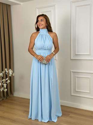 Bebe Mavi Halter Yaka Arkası Fermuarlı Yırtmaçlı Saten Elbise 3880