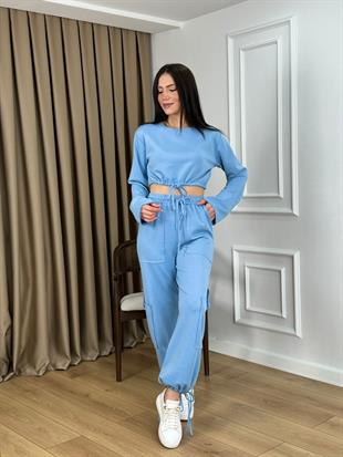 Bebe Mavi Modal Kumaş Bel Ve Paça Bağlamalı Takım 5035