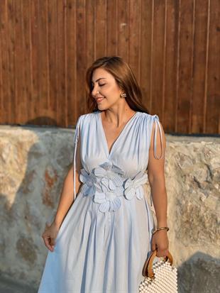 Bebe Mavi Ön ve Arka V Yaka Gipeli Çiçek Detaylı Elbise 2519