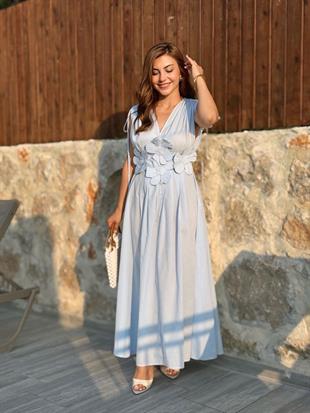 Bebe Mavi Ön ve Arka V Yaka Gipeli Çiçek Detaylı Elbise 2519
