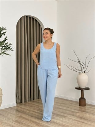 Bebe Mavi Tek Cep Sıfır Kol Keten Kumaş Bluz Pantolon Takım 0466