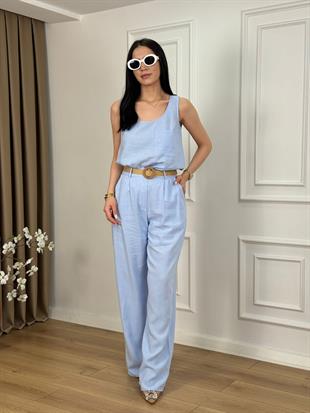 Bebe Mavi Tek Cep Sıfır Kol Keten Kumaş Bluz Pantolon Takım 0465