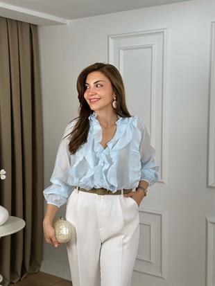 Bebe Mavi V Yaka Organik Kumaş Fırfırlı Bluz 261489