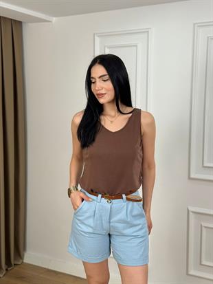 Bebe Mavi Yüksek Bel Yanları Cepli Kemerli Keten Kumaş Şort 5969