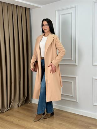 Bej Astarlı Kuşaklı Lüks Kalite Kaşe Kaban 9350