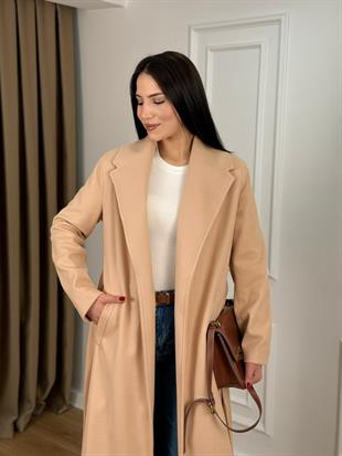 Bej Astarlı Kuşaklı Lüks Kalite Kaşe Kaban 9350