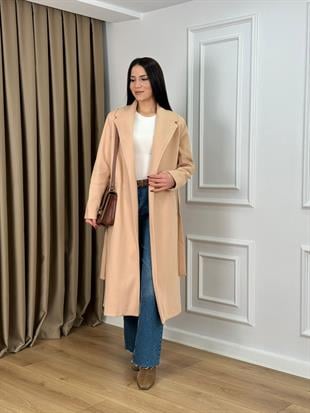 Bej Astarlı Kuşaklı Lüks Kalite Kaşe Kaban 9350