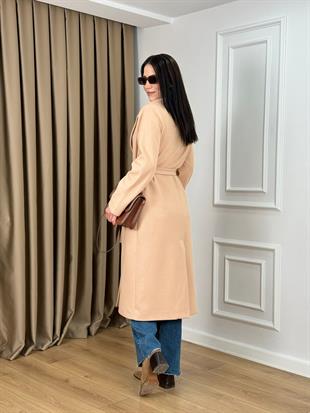 Bej Astarlı Kuşaklı Lüks Kalite Kaşe Kaban 9350
