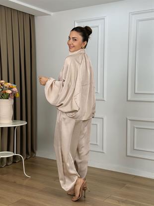 Bej Beli Lastikli Yarasa Kol Oversize Kalıp Ceket Pantolon Takım 26101