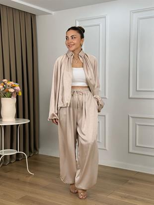 Bej Beli Lastikli Yarasa Kol Oversize Kalıp Ceket Pantolon Takım 26101