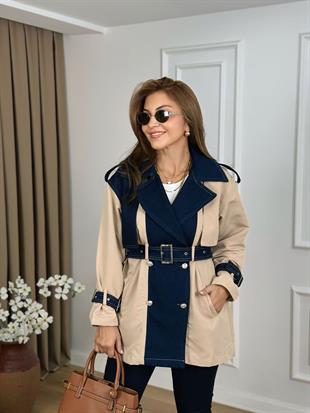 Bej Kot Detaylı Kemerli Poliviskon Kumaş Trenchcoat 36715