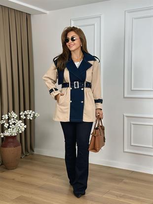 Bej Kot Detaylı Kemerli Poliviskon Kumaş Trenchcoat 36715