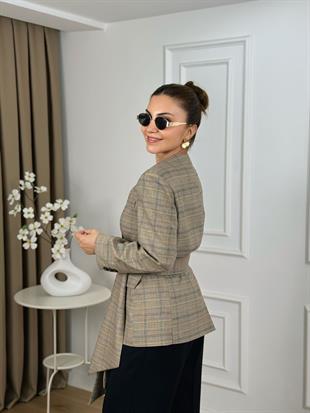 Bej V Yaka Ekose Desenli Atkılı Astarlı Ceket 6349