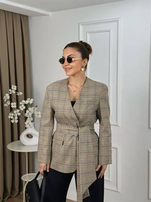 Bej V Yaka Ekose Desenli Atkılı Astarlı Ceket 6349