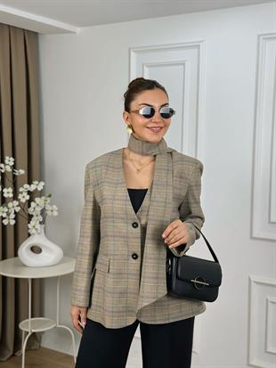 Bej V Yaka Ekose Desenli Atkılı Astarlı Ceket 6349