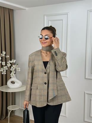 Bej V Yaka Ekose Desenli Atkılı Astarlı Ceket 6349