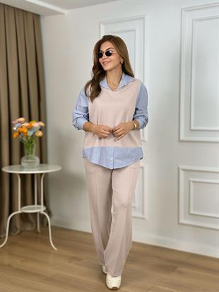 Bej V Yaka Gömlek Detaylı Çizgili Modal Kumaş Eşofman Takımı 5486