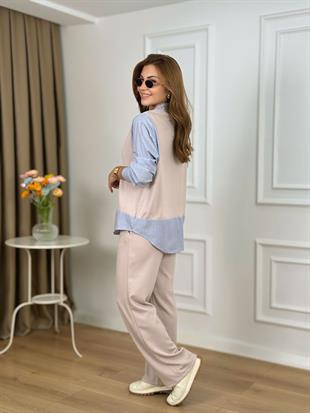 Bej V Yaka Gömlek Detaylı Çizgili Modal Kumaş Eşofman Takımı 5486