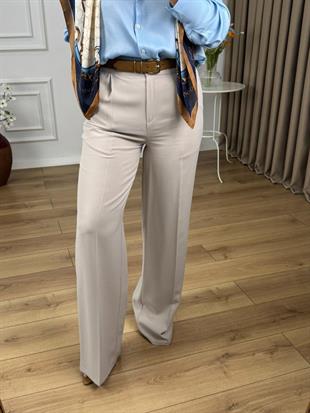 Bej Yüksek Bel Düğmeli Palazzo Pantolon 6406