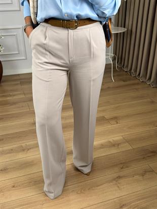 Bej Yüksek Bel Düğmeli Palazzo Pantolon 6406