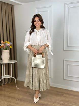 Bej Yüksek Bel Ekose Desen Parçalı Etek 5452