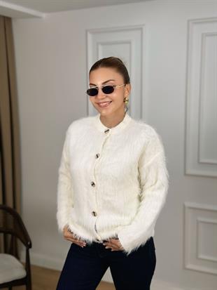 Beyaz Bisiklet Yaka Gold Düğmeli Sakallı Hırka 2004