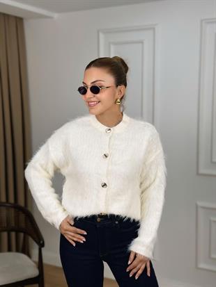 Beyaz Bisiklet Yaka Gold Düğmeli Sakallı Hırka 2004