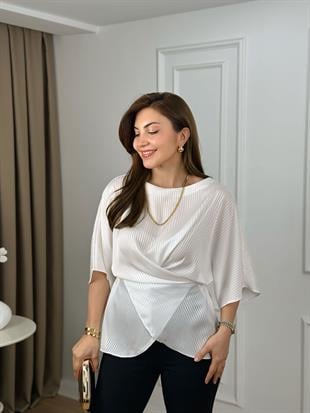 Beyaz Bisiklet Yaka Kendinden Çizgili Bağccıklı Nisbet Kumaş Bluz 261488