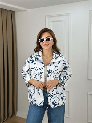 Beyaz Dik Yaka Fermuarlı Cepli Astarsız Gabardin Ceket 6336