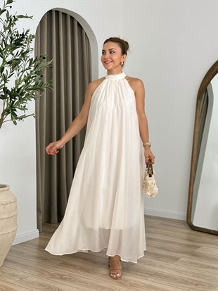 Beyaz Halter Yaka Boyundan Bağlamalı Astarlı Elbise 3438