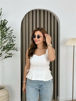 Beyaz Kalın Askılı Atlas Kumaş Bağcıklı Korse Bluz 40778