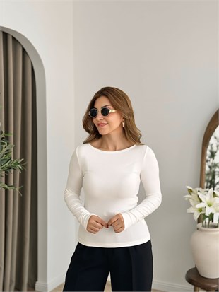 Beyaz Kayık Yaka Modal Kumaş Bluz 1002