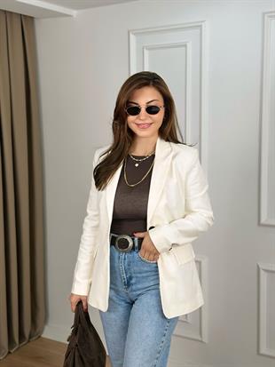 Beyaz Tek Düğmeli Astarlı Blazer Ceket 6249